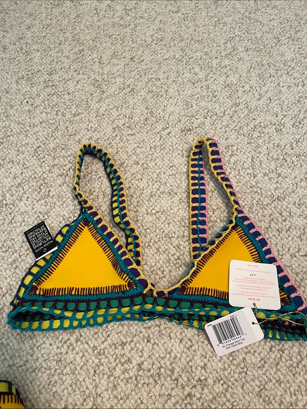 NWT KIINI Yellow Crochet-Trim Bikini Set with Multicolor Edging Large